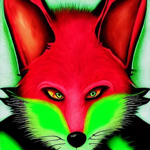 Prompt: photorealistic green fox with green fur and glowing magenta eyes, wearing a black hoodie