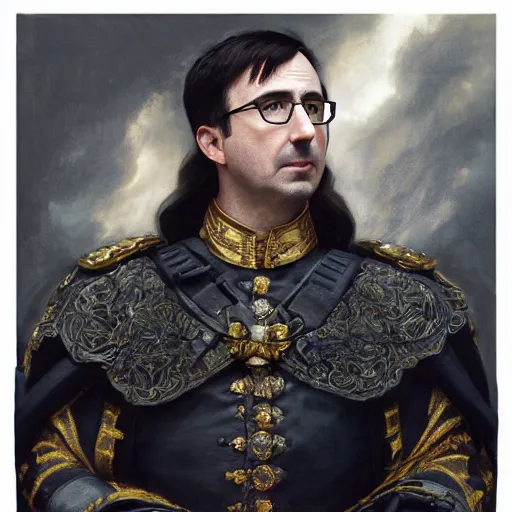 Image similar to portrait of stoic looking john oliver as in the vigo carpathian painting, military uniform, fantasy, intricate, elegant, beautiful, highly detailed, charcoal, centered, dark, smokey, full body,, 4 k, digital painting, artstation, concept art, smooth, sharp focus, illustration, art by artgerm and greg rutkowski and alphonse mucha