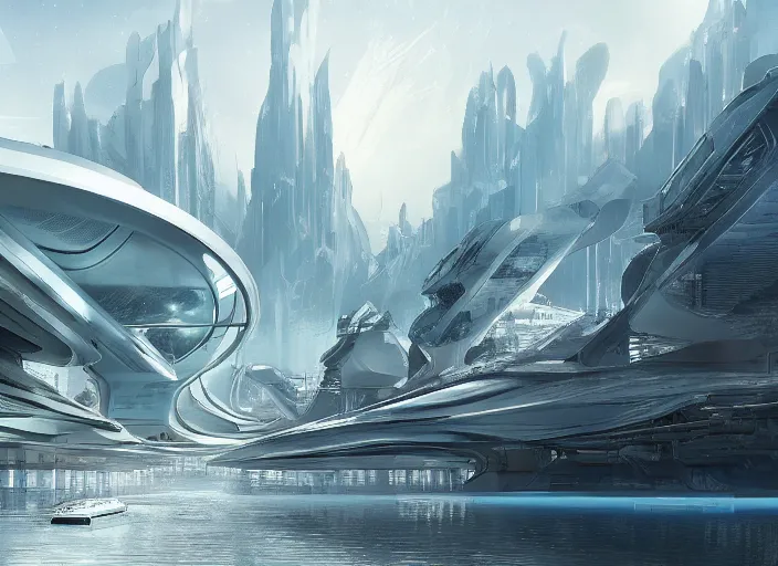 Prompt: a futuristic city surrounded by water and mountains with bridges over water, a detailed matte painting by Jon McCoy and Zaha Hadid, trending on cgsociety,, concept art, artstation