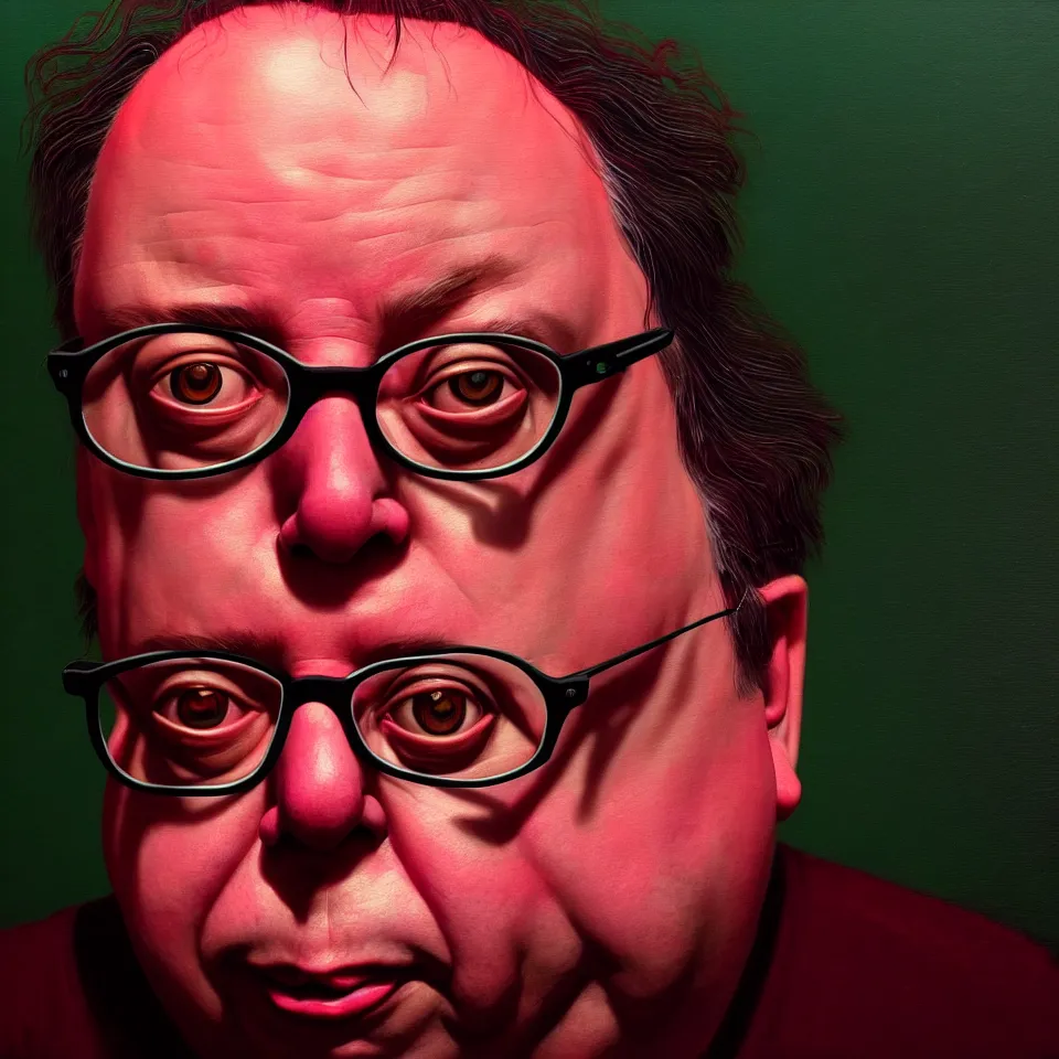 Image similar to bright realistic todd solondz turning into bill hicks, diffuse lighting, fantasy, intricate, elegant, highly detailed, lifelike, photorealistic, digital painting, artstation, illustration, concept art, smooth, sharp focus, art by francis bacon