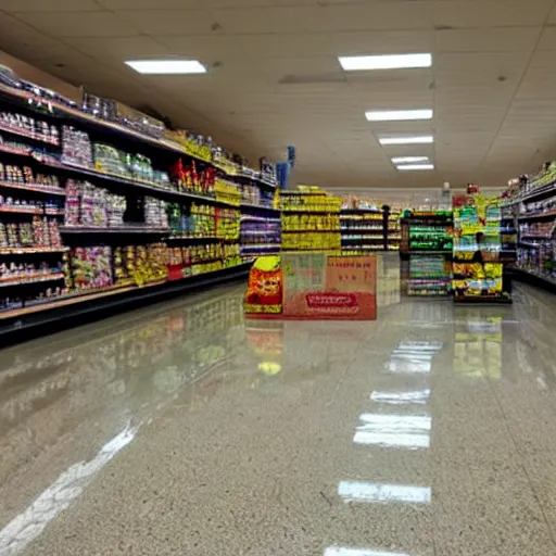 Image similar to photo of a grocery store interior, the floor is flooded with one meter deep water. eerie, volumetric lighting.