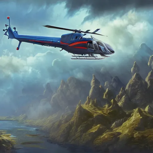 Prompt: highly detailed matte painting of smurfs piloting a helicopter, by Artgerm,Greg Rutkowski,Alphonse Mucha, 4k resolution ((cloudy background))