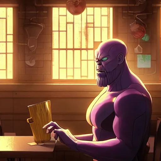 Image similar to portrait of thanos working at starbucks, digital illustration, by makoto shinkai and ruan jia and studio ghibli