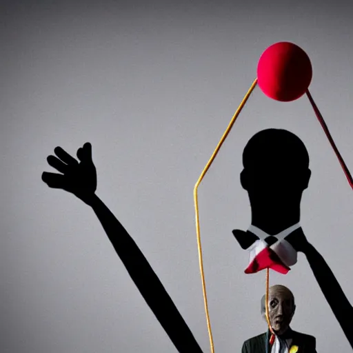 Image similar to string puppet of a president with clown makeup in a podium and a human shadow behind