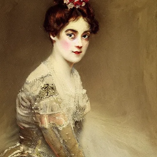 Image similar to young victorian lady in ball gown, painted by alfred stevens