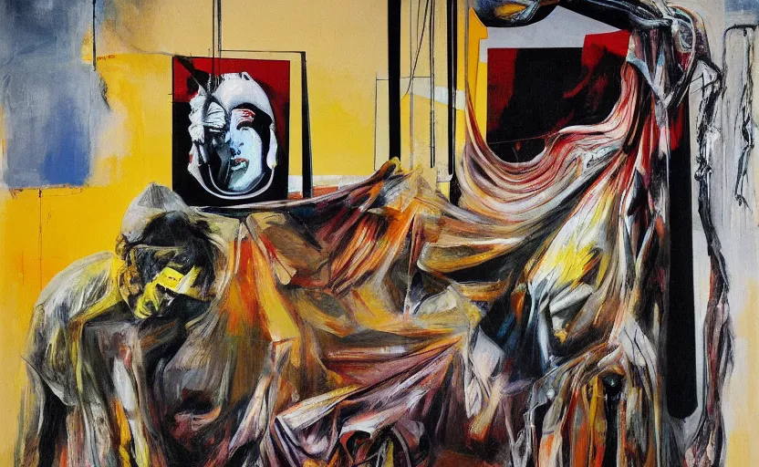 Prompt: an empty room in the style of constructivism, exhibition of paintings, trash bag on head, blurred, grotesque, doomed, neural acrylic paint, high resolution, gouache on canvas, ultra detailed, vibrant colors, grotesque, wrapped thermal background, art by francis bacon, by h. r. giger