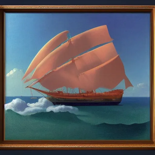 Image similar to a fantastic voyage on a beautiful ship by Raphael, Hopper, and Rene Magritte. detailed, romantic, enchanting, trending on artstation.