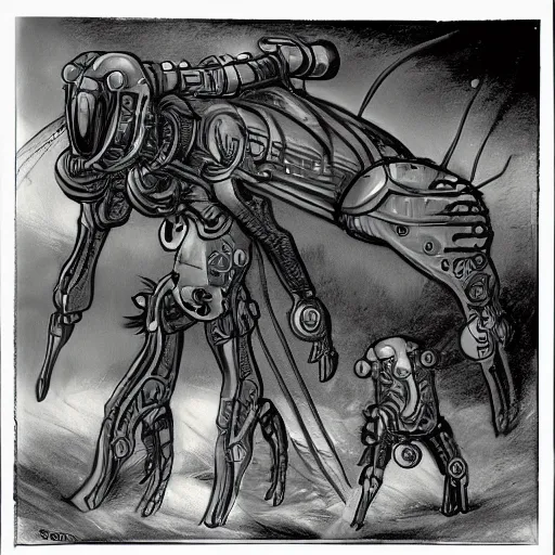 Prompt: concept art of a cyberpunk insectoid underwater alien and its minions, 1 9 4 0 s weapons