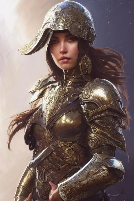 Image similar to attractive young female, ornate metallic helmet, battle armor, olive skin, long dark hair, beautiful bone structure, intricate, elegant, highly detailed, digital painting, artstation, concept art, smooth, sharp focus, illustration, art by artgerm and greg rutkowski and alphonse mucha