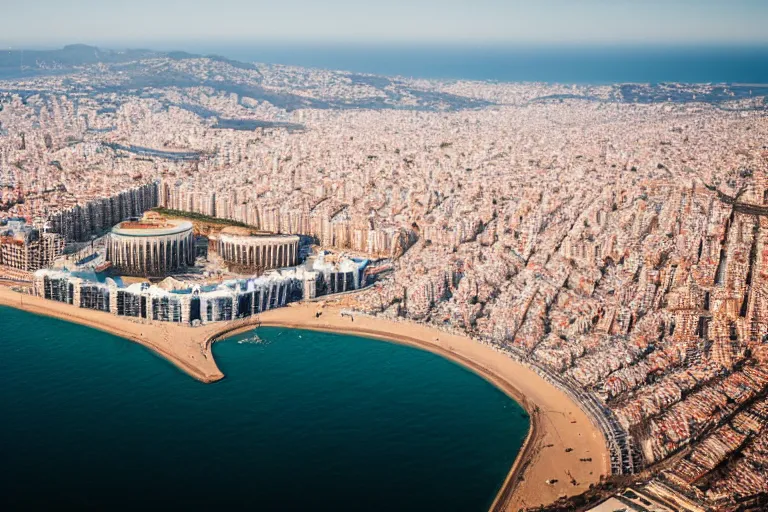 Image similar to air views of dystopian barcelona coast covered with water, global warming, sunset lighting, photo real