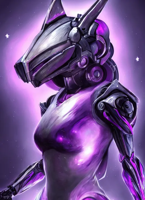 Image similar to cinematic bust shot, cosmic sized proportional stunning beautiful hot female warframe, detailed robot mecha female dragon head, metal ears purple eyes, sleek silver armor, fuschia skin, floating in empty space, nebula sized, posing elegantly, epic proportions, epic size, epic scale, furry art, dragon art, giantess art, warframe fanart, furaffinity, deviantart