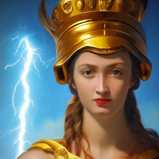 Image similar to Bright explosive Birth of Athena from the head of lightning god Zeus, hyperrealism, no blur, 4k resolution, ultra detailed,