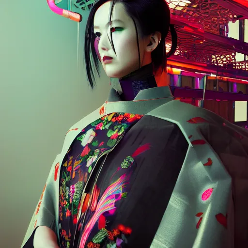 Image similar to cyberpunk japanese kimono inspired avant-garde art, deco fashion, highly detailed, photorealistic portrait, bright studio setting, studio lighting, crisp quality and light reflections, unreal engine 5 quality render