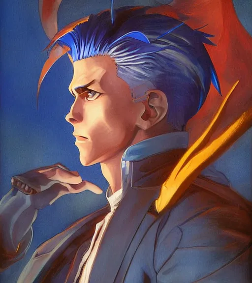 Image similar to j. c. leyendecker painting of an anime vergil from dmc, direct flash photography at night, film grain