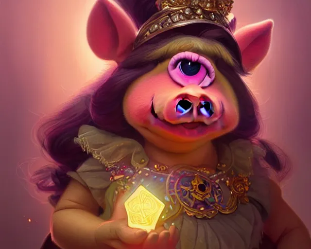 Image similar to miss piggy photography of kurzgesagt, deep focus, d & d, fantasy, intricate, elegant, highly detailed, digital painting, artstation, concept art, matte, sharp focus, illustration, hearthstone, art by artgerm and greg rutkowski and alphonse mucha