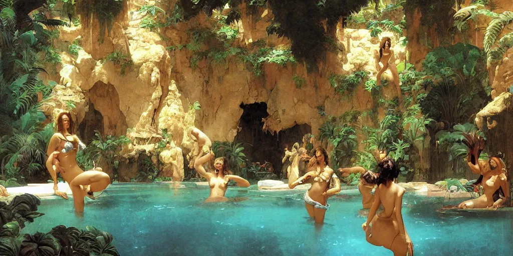 Image similar to a tropical cave that renovate as a luxury interior as a harem of beautiful women bathe in the waters and surround our protagonist by syd mead, frank frazetta, ken kelly, simon bisley, richard corben, william - adolphe bouguereau, flat lighting