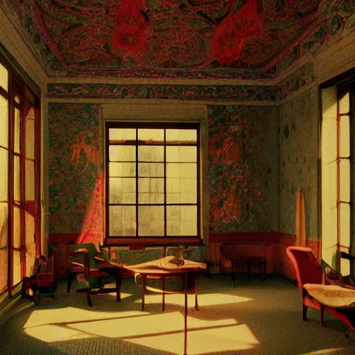 Image similar to a lot of different flowers in a liminal abandoned room, film still by wes anderson, depicted by balthus, limited color palette, very intricate, art nouveau, highly detailed, lights by hopper, soft pastel colors, minimalist