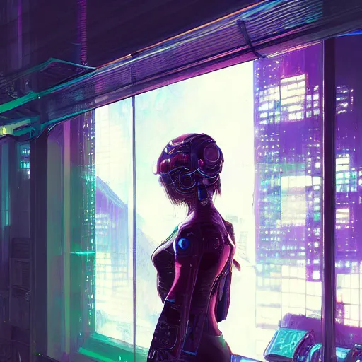 Prompt: art by rossdraws, portrait of cyberpunk woman looking out of a window, cyberpunk setting, futuristic, highly detailed, intricate lighting, digital painting, sharp focus, illustration, trending on artstation.