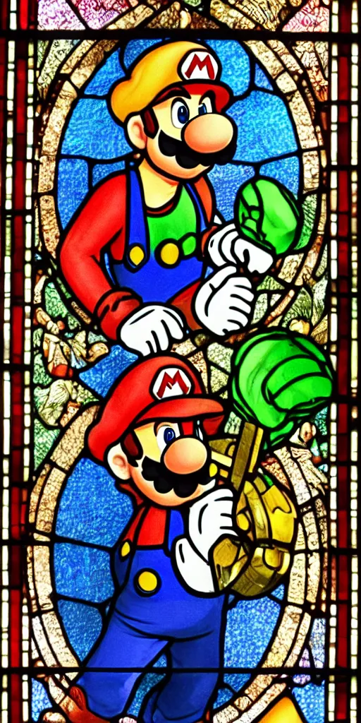 Prompt: photograph of mario in a stained glass church window, beautiful, radiant, intricate