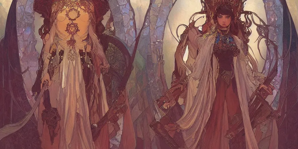 Image similar to a lone sword mounted in the center of a throne room, guarded by 3 transparent!!! female warfior spirits. art by artgerm, greg rutkowski, alphonse mucha