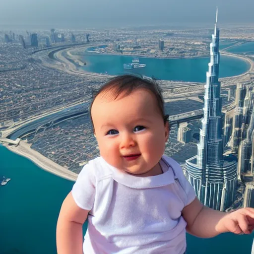 Prompt: hyper realistic baby standing at the top of burj khalifa and the background is the view of the sea photography