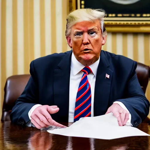 Image similar to candid portrait photo of president trump at his desk shoving crumpled papers into his mouth, chewing paper, eating paper, detailed portrait, 4 k, megapixel, sony a 7 s, f / 8, 2 4 mm lens