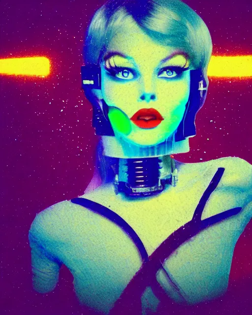 Image similar to cut and paste, flirty robotic woman's face, rouge hair, dark makeup, violet and yellow and green and blue lighting, polaroid photo, 1 9 8 0 s, atmospheric, whimsical and psychedelic, grainy, expired film, super glitched, corrupted file, ghostly, bioluminescent glow, sci - fi, twisty