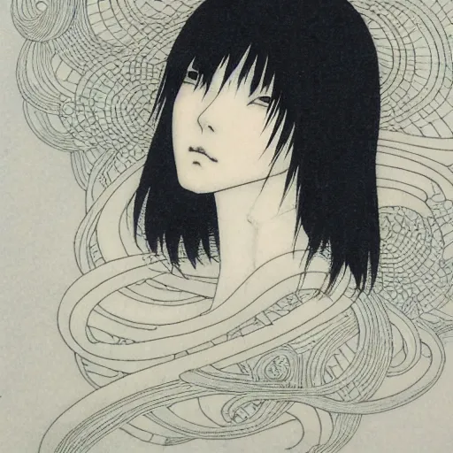 Image similar to prompt: Fragile looking soft light portrait face drawn by Takato Yamamoto and Katsuhiro Otomo, inspired by Ghost in Shell anime, magical and alchemical objects on the side, soft light, monochrome background, intricate detail, intricate ink painting detail, sharp high detail, manga and anime 2000