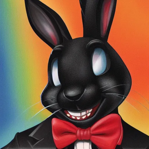 Image similar to A extremely highly detailed majestic hi-res beautiful, highly detailed head and shoulders portrait of a scary terrifying, horrifying, creepy black cartoon rabbit with a bowtie and scary big eyes, earing a shirt laughing, hey buddy, let's be friends, in the style of Walt Disney