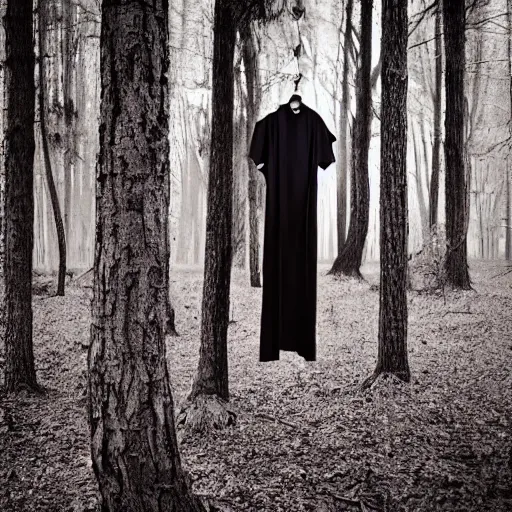 Image similar to clothes on a hanger in a lonely eery forest, fever dream, award winning photography, dreamcore, weirdcore