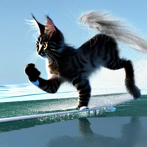 Image similar to Maine coon kitten is a Water skiing champion, action shot. 3D render