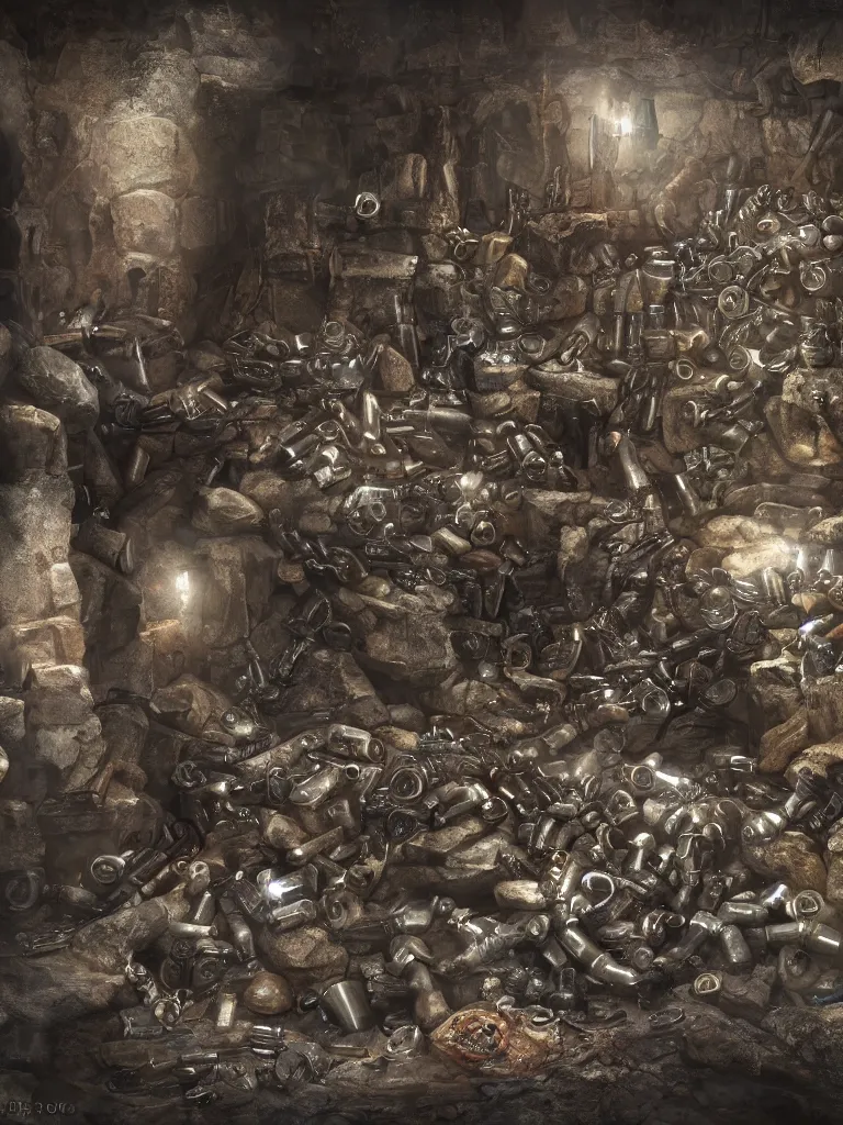 Prompt: pile of revolvers and bullets in a dungeon , ultrarealistic, intricate details, 4k, concept art, dark fantasy