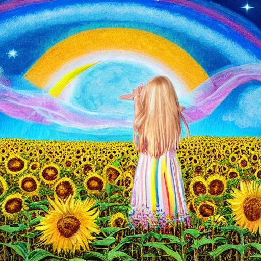 Prompt: a long dirty blond colored hair, 4 year old girl in a rainbow dress looking away from us, standing in a moonlit sunflower meadow, on a clear magnificent night sky, looking up at the earths one moon, highly detailed, magical, oil canvas, award winning, 8 k