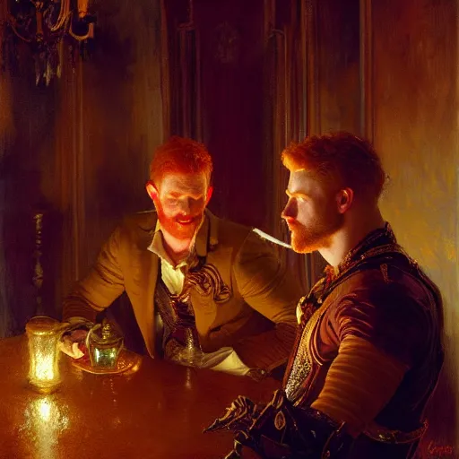 Prompt: attractive male mike with ginger hair and attractive male tyler with brunet hair, drinking their hearts out, in their noble mansion, at night. highly detailed painting by gaston bussiere, craig mullins, donato giancola 8 k