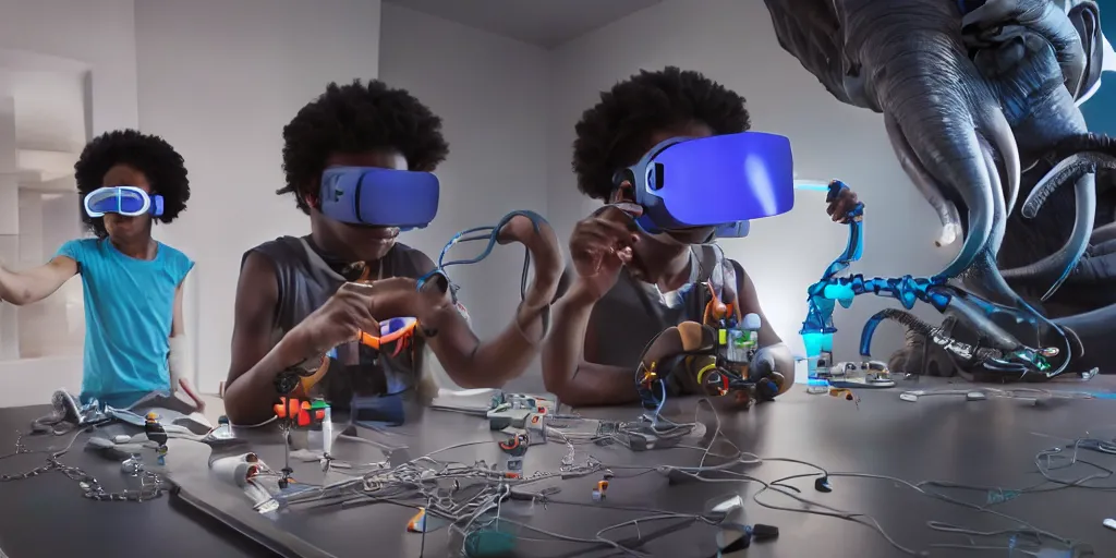 Prompt: a hyper realistic 3 d render of a black boy kid using a diy vr glasses arduino ; a black girl kid scientist is constructing a elephant robot in the background, futuristic, cyberpunk, xenomorphic, biomechanical, photorealistic, ultra detailed, 4 k, chromatic aberration, dof, octane render