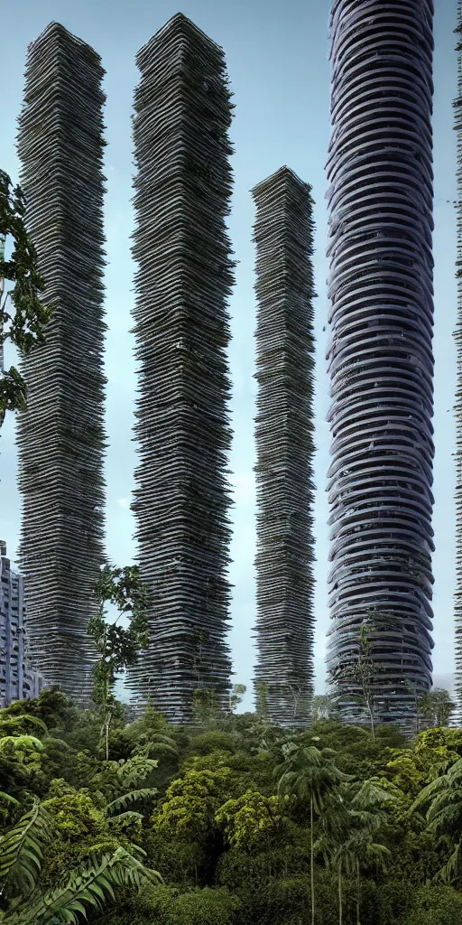 Image similar to an elevational photo by Andreas Gursky of tall and slender futuristic mixed-use towers emerging out of the ground. The rusty industrial towers are covered with trees and ferns growing from floors and balconies. The towers are bundled very close together and stand straight and tall. The towers have 100 floors with deep balconies and hanging plants. Cinematic composition, volumetric lighting, foggy morning light, architectural photography, 8k, megascans, vray.