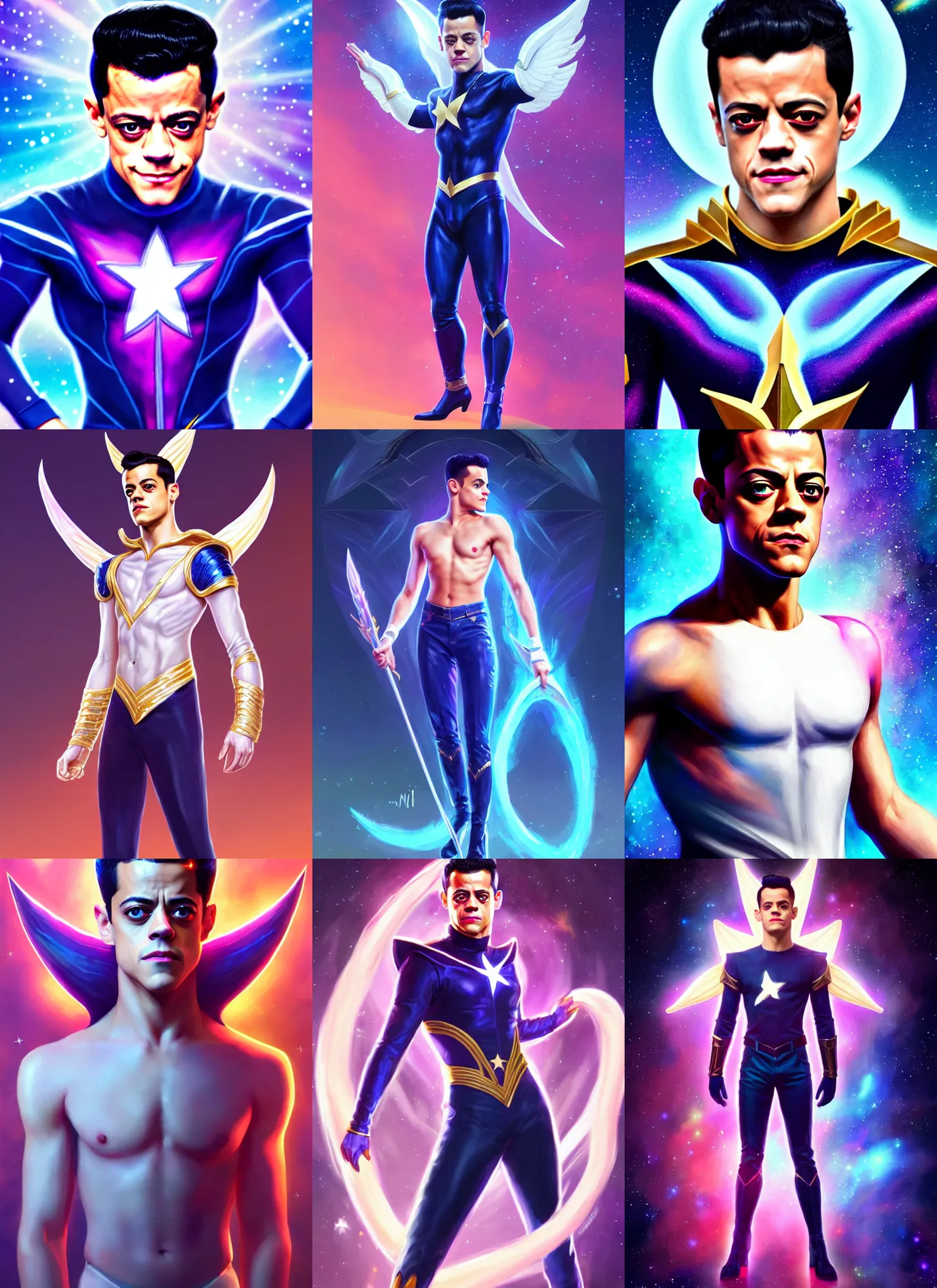 Prompt: full body portrait of rami malek as a magical star guardian. detailed face, concept art, intricate, highly detailed 8 k, smooth, sharp focus, handsome and aesthetic shape of face and body, artgerm, artstation, art by zexi guo and nira and junpei suzuki and gharliera and rinotuna