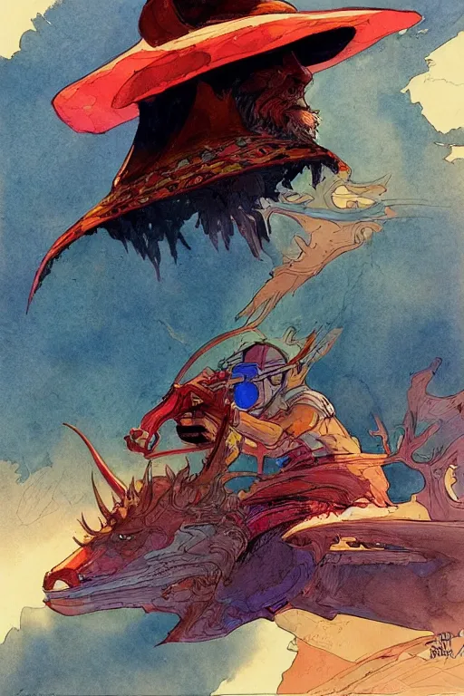 Image similar to wide angle on fantasy lama rider with hood or hat, scifi, art by moebius, in watercolor gouache detailed paintings, in style of syd mead, colorful comics style, artstation