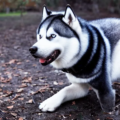 Image similar to a husky wearing a black jacket with blue eyes