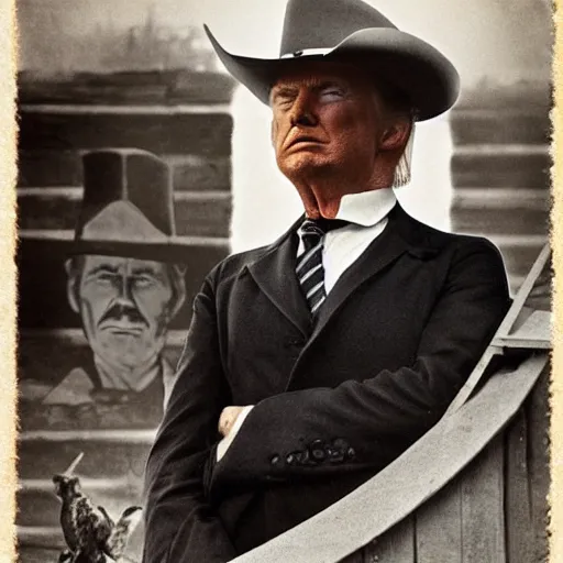 Image similar to an 1 8 0 0 s photo of donald trump playing the role of clint eastwood, squinting at high noon, in the style of a clint eastwood movie, the good, the bad and the ugly, clint eastwood, vibe, donald trump, glory days, mount rushmore, justice, american flag, independence, patriotism, apple pie, black and white, artgerm