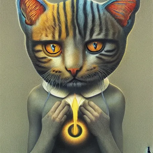 Image similar to a cat having an ego trip, by alex grey, by Esao Andrews and Karol Bak and Zdzislaw Beksinski and Zdzisław Beksiński, trending on ArtStation
