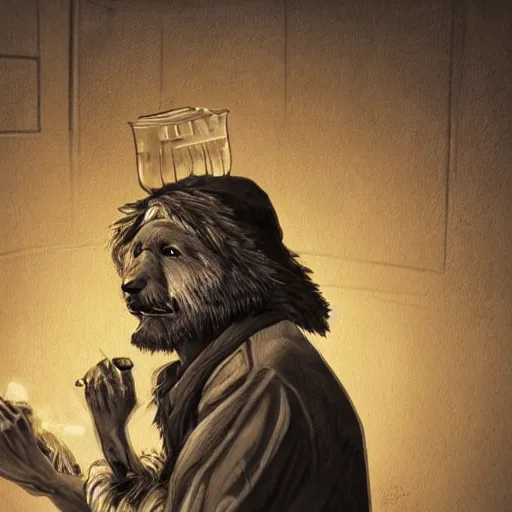 Image similar to fotoportrait of hobo artist drawing furries for booze on the dirty street. symmetry, awesome exposition, very detailed, highly accurate, intricate, professional lighting diffracted lightrays, 8 k, sense of awe