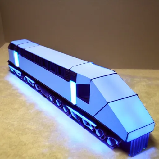 Prompt: a blue hexagonal train from the movie tron : legacy