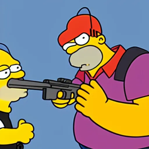 Image similar to homer simpson holding peter griffin at gunpoint