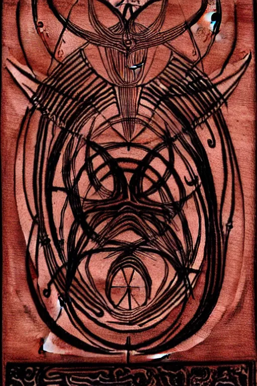 Image similar to masterpiece, symmetrical occult summoning sigil calligraphy, old stained paper texture, elegant crimson and black ink linework, by leonardo da vinci, h. r. giger, biomechanical, alchemy, monogram