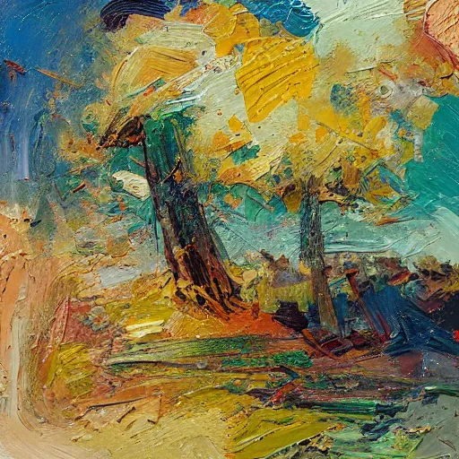 Prompt: oil paint impasto relief, the essence of summer, multi layered thick brush marks, some splattered paint, in the style of ivan shishkin and frank auerbach and van gogh
