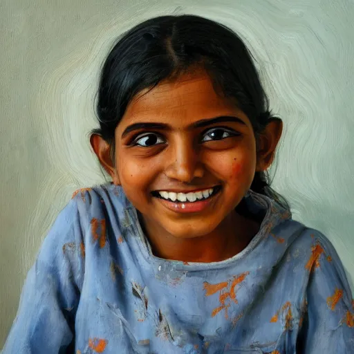 Prompt: high quality high detail painting by lucian freud, hd, smiling cute indian girl portrait, photorealistic lighting