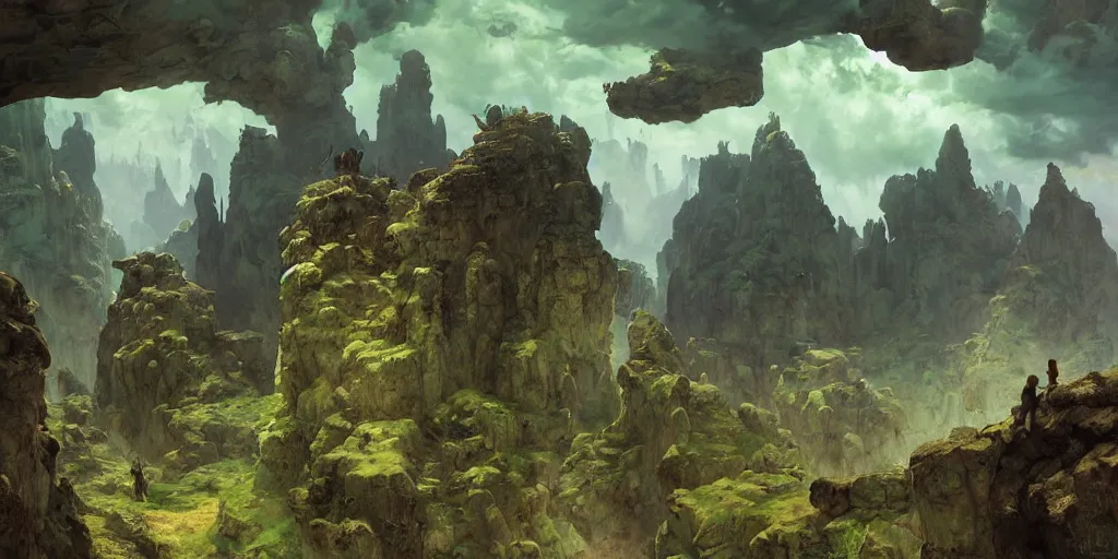 Image similar to huge cave ceiling towns, villages castles buildings bytopia planescape clouds made of green earth inverted upsidedown mountain surreal dreamlike inception artstation illustration sharp focus sunlit vista painted by ruan jia raymond swanland lawrence alma tadema zdzislaw beksinski norman rockwell tom lovell alex malveda greg staples