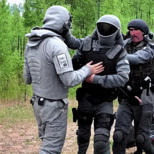 Prompt: grey alien being arrested by russian special forces