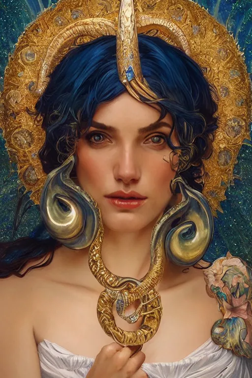 Image similar to a beautiful woman with deep blue, sparkly skin, big ram horns, flowing dress, gold jewellery, dnd, face, fantasy, intricate, elegant, highly detailed, digital painting, artstation, concept art, smooth, sharp focus, illustration, art by artgerm and greg rutkowski and alphonse mucha